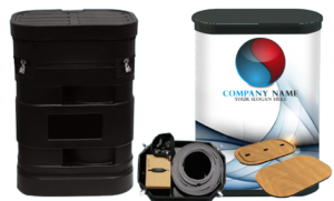 Trade show exhibit case with pop-up podium