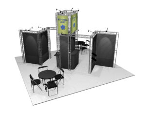 20x20 Alameda Shown with optional slatwall and deluxe table set