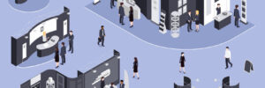 drawing of a trade show with different booths