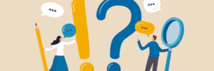 A cartoon man and woman with a question mark, exclamation mark, magnifying glass, and pencil.