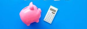 A piggy bank next to a calculator under a sign that says budget in front of a blue background